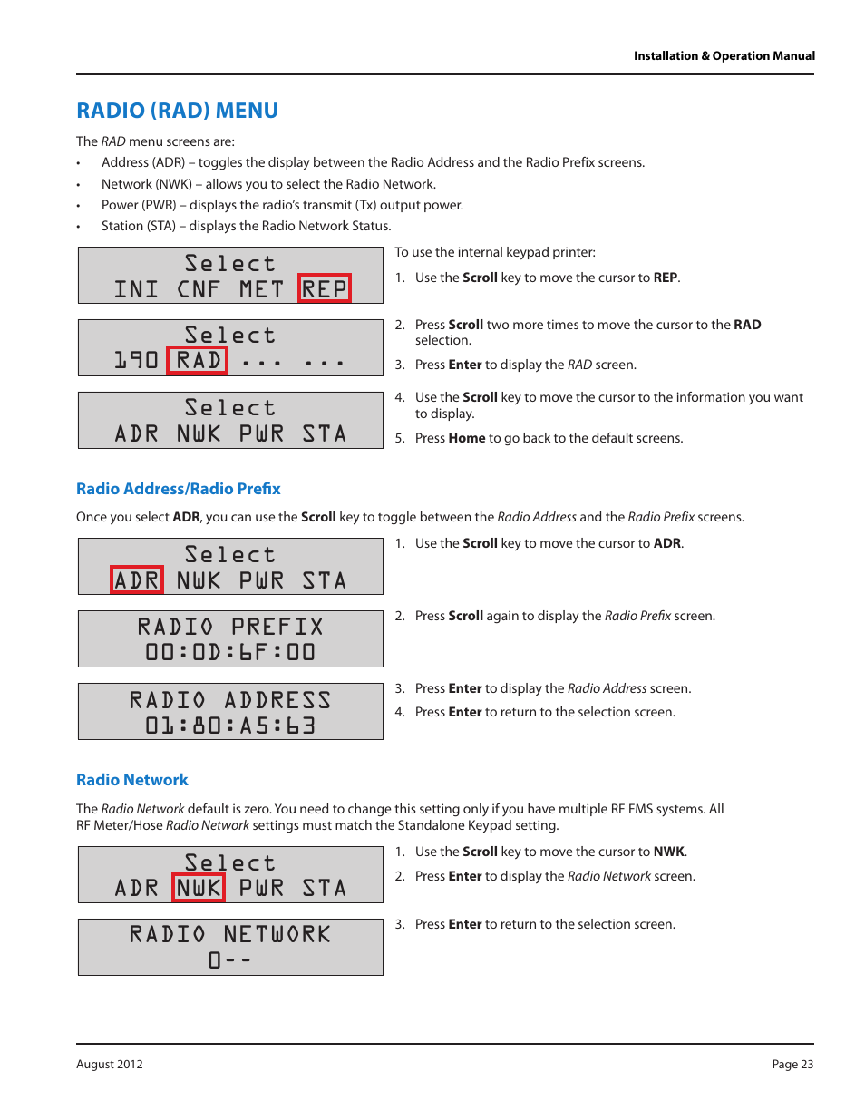 Radio (rad) menu, Radio address/radio prefix, Radio network | Radio (rad) menu 23, Radio address/radio prefix 23, Radio network 23, Select ini cnf met rep, Select 190 rad, Select adr nwk pwr sta, Radio network 0 | Badger Meter Fluid Management System User Manual | Page 23 / 32