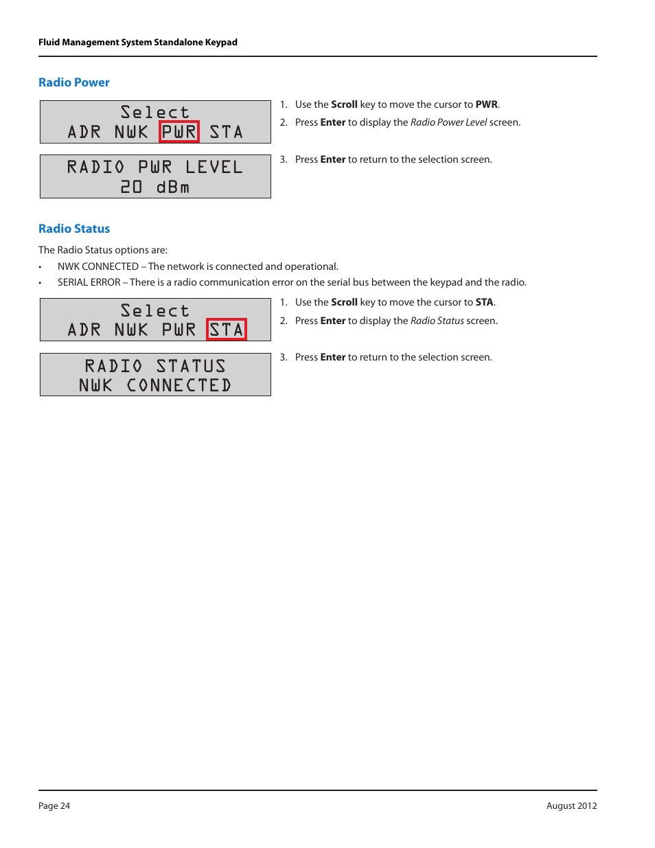 Radio power, Radio status, Radio power 24 | Radio status 24, Select adr nwk pwr sta, Radio pwr level 20 dbm, Radio status nwk connected | Badger Meter Fluid Management System User Manual | Page 24 / 32