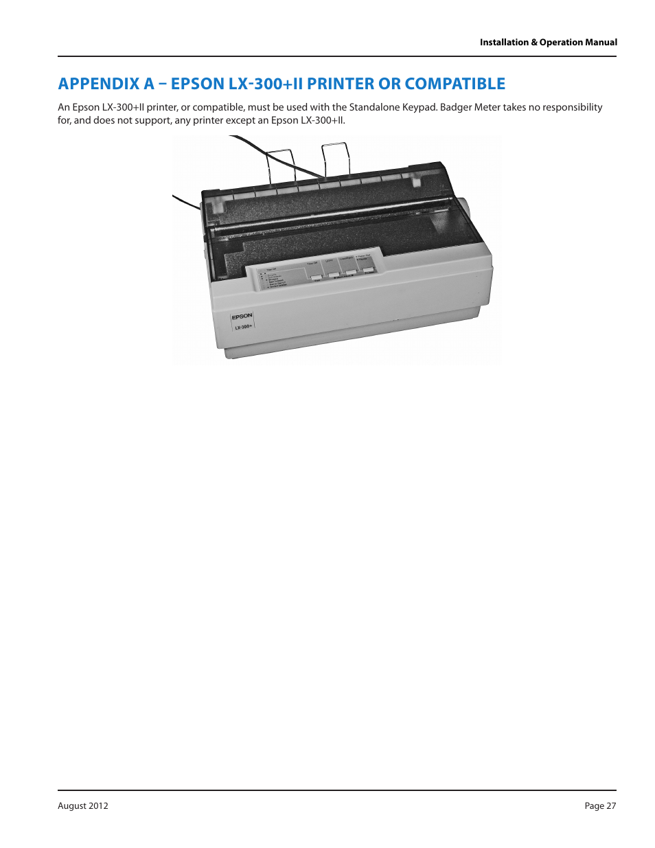 Appendix a – epson lx-300+ii printer or compatible | Badger Meter Fluid Management System User Manual | Page 27 / 32