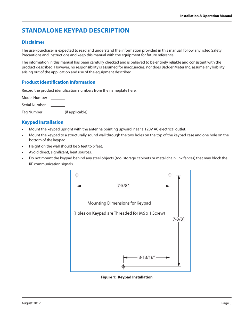 Standalone keypad description, Disclaimer, Product identification information | Keypad installation, Standalone keypad description 5, Disclaimer 5, Product identification information 5, Keypad installation 5 | Badger Meter Fluid Management System User Manual | Page 5 / 32