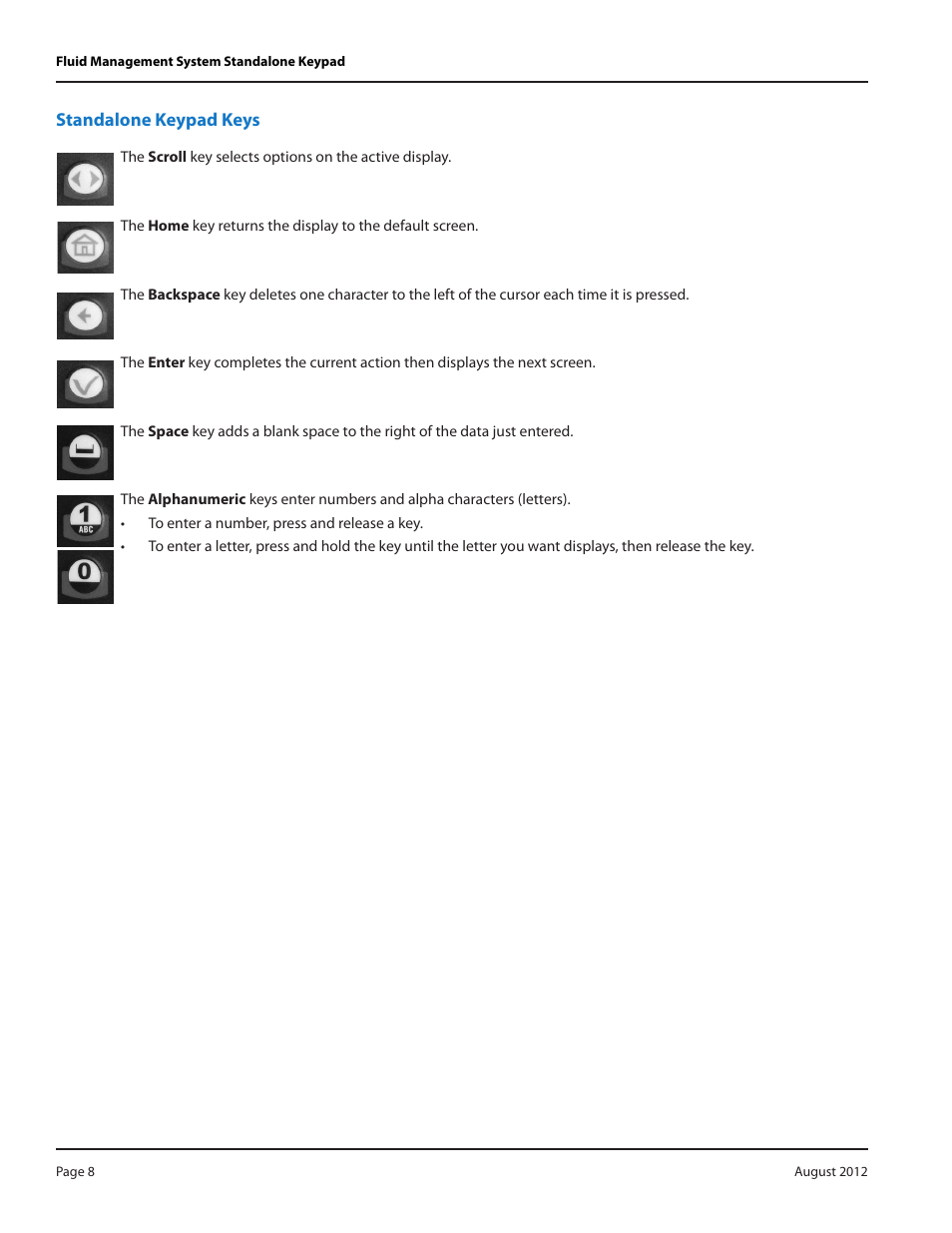Standalone keypad keys, Standalone keypad keys 8 | Badger Meter Fluid Management System User Manual | Page 8 / 32