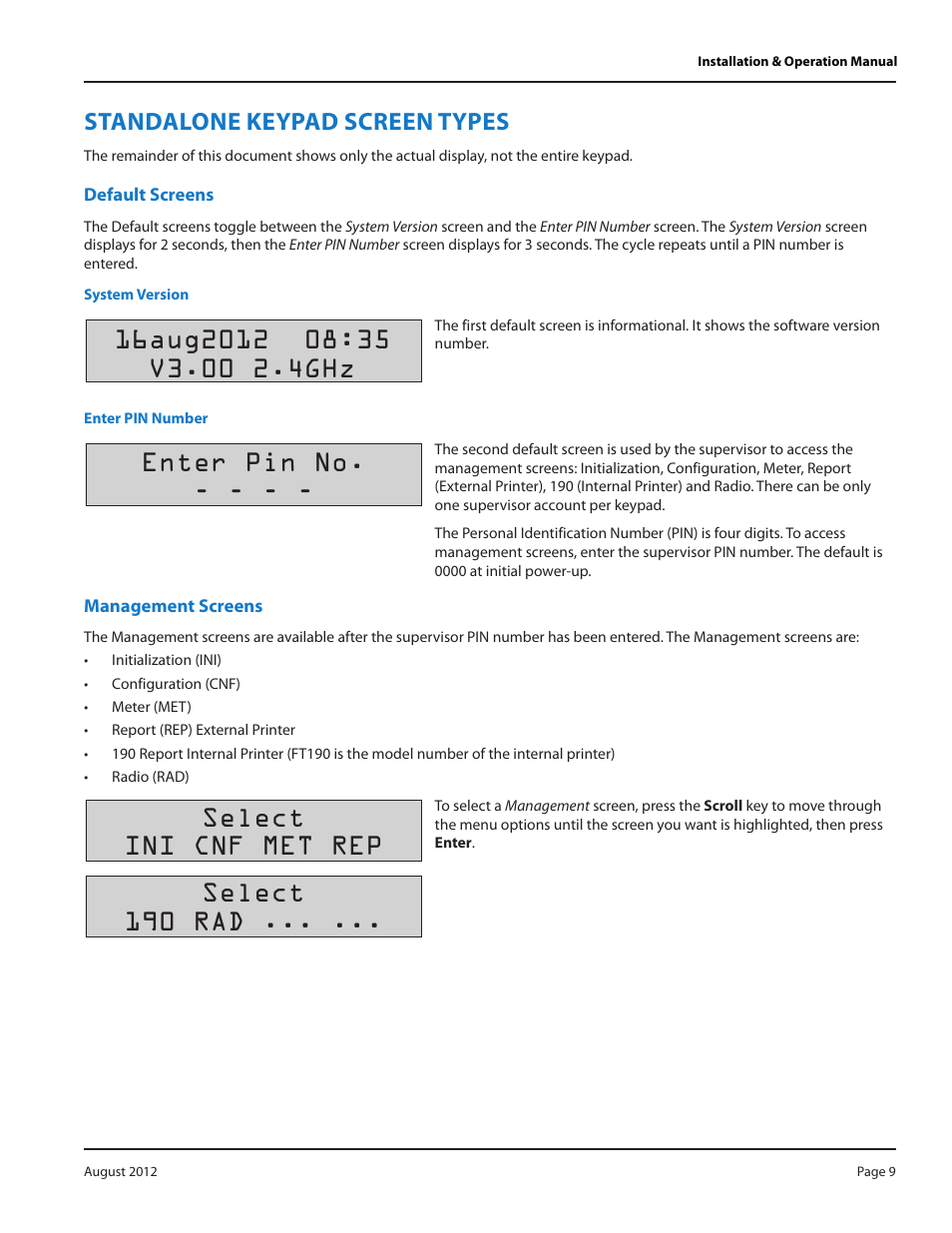 Standalone keypad screen types, Default screens, System version | Enter pin number, Management screens, Standalone keypad screen types 9, Default screens 9, System version 9, Enter pin number 9, Management screens 9 | Badger Meter Fluid Management System User Manual | Page 9 / 32