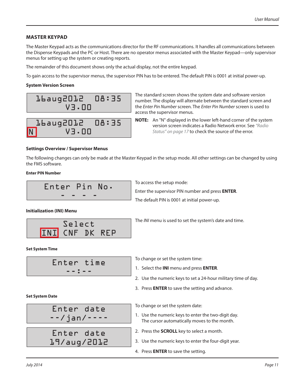 Master keypad, System version screen, Settings overview / supervisor menus | Initialization (ini) menu, Enter pin no, Select ini cnf dk rep, Enter time | Badger Meter Fluid Management System User Manual | Page 11 / 60