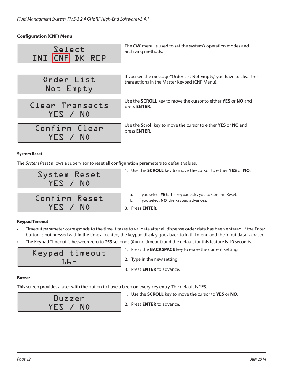 Configuration (cnf) menu, Select ini cnf dk rep, Order list not empty | Clear transacts yes / no, Confirm clear yes / no, System reset yes / no, Confirm reset yes / no, Keypad timeout 16, Buzzer yes / no | Badger Meter Fluid Management System User Manual | Page 12 / 60