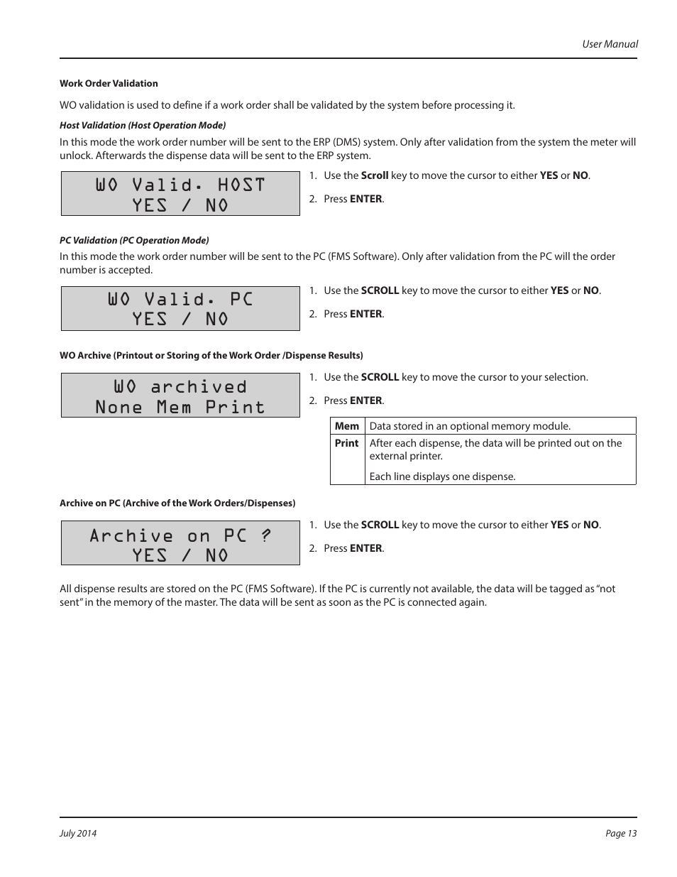 Wo valid. host yes / no, Wo valid. pc yes / no, Wo archived none mem print | Archive on pc ? yes / no | Badger Meter Fluid Management System User Manual | Page 13 / 60