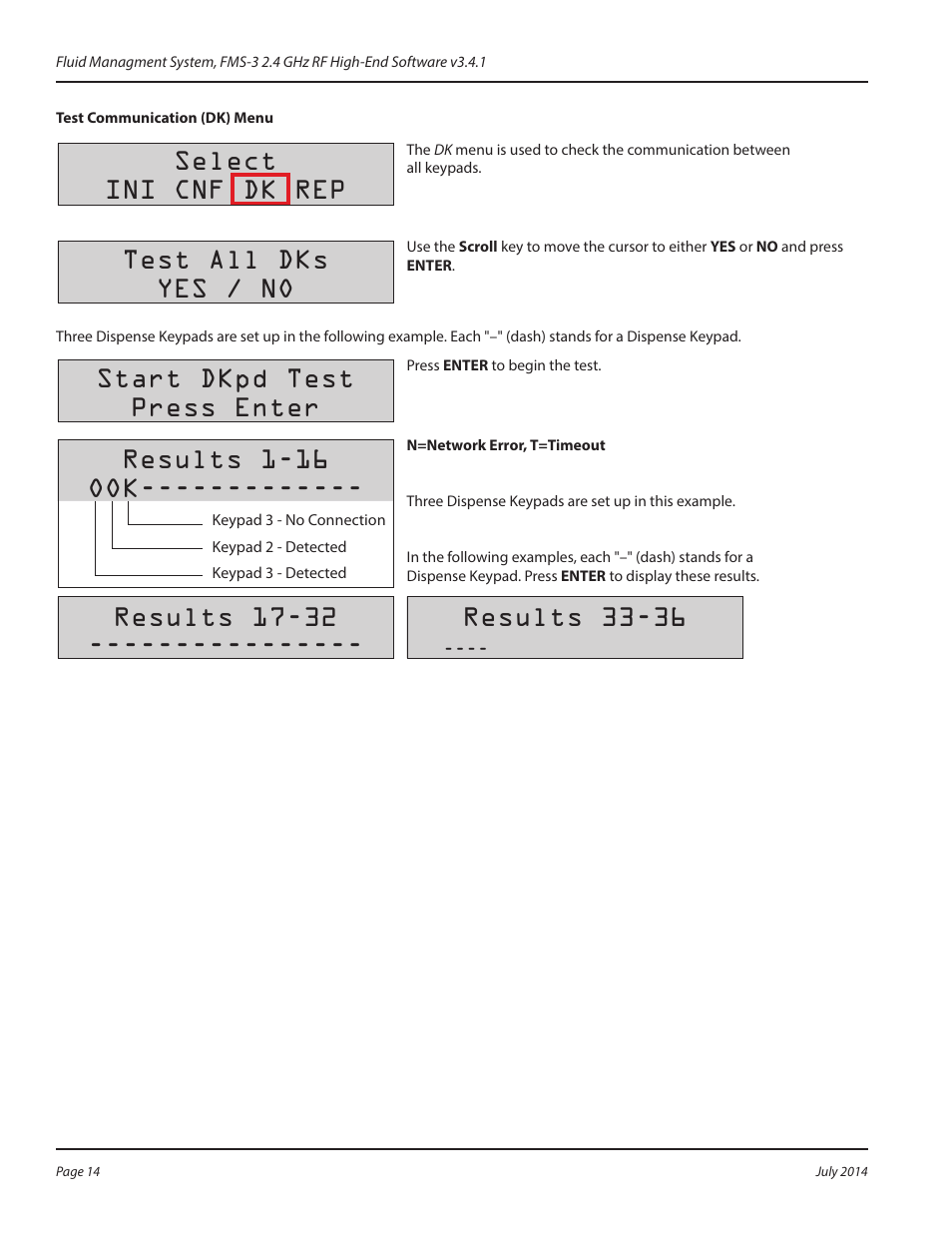Test communication (dk) menu, Select ini cnf dk rep, Test all dks yes / no | Start dkpd test press enter, Results 1-16 ook | Badger Meter Fluid Management System User Manual | Page 14 / 60