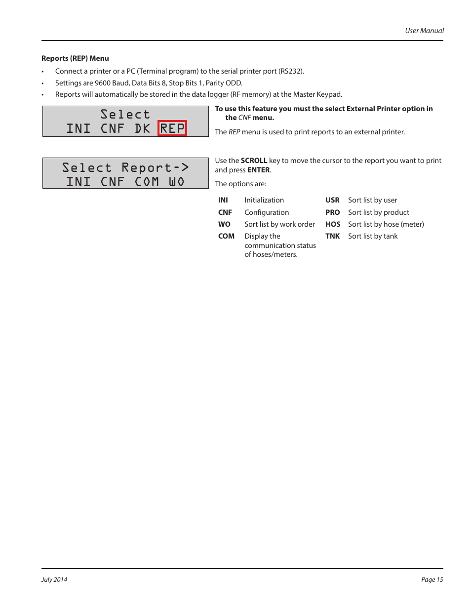 Reports (rep) menu, Select ini cnf dk rep, Select report-> ini cnf com wo | Badger Meter Fluid Management System User Manual | Page 15 / 60