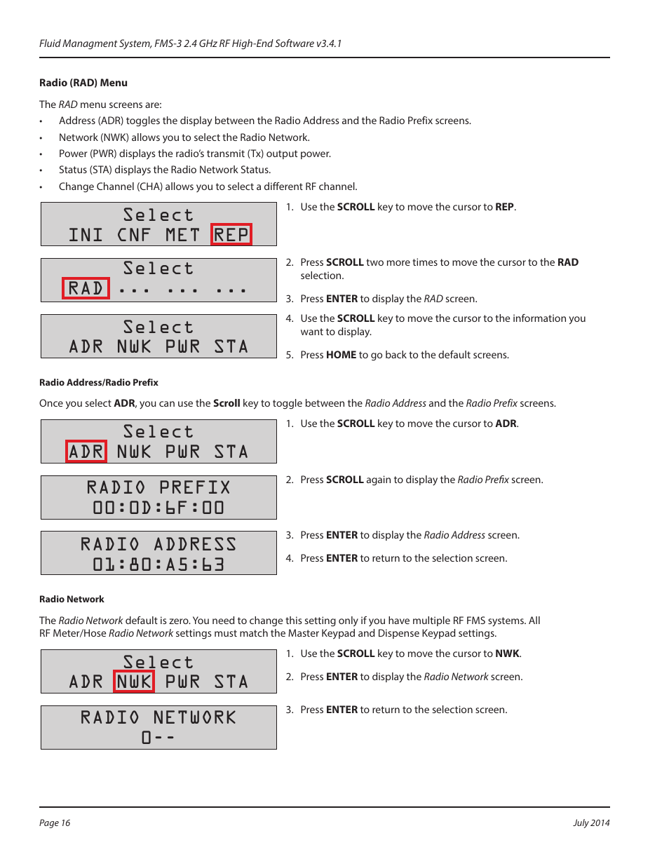 Radio (rad) menu, Select ini cnf met rep, Select rad | Select adr nwk pwr sta, Radio network 0 | Badger Meter Fluid Management System User Manual | Page 16 / 60
