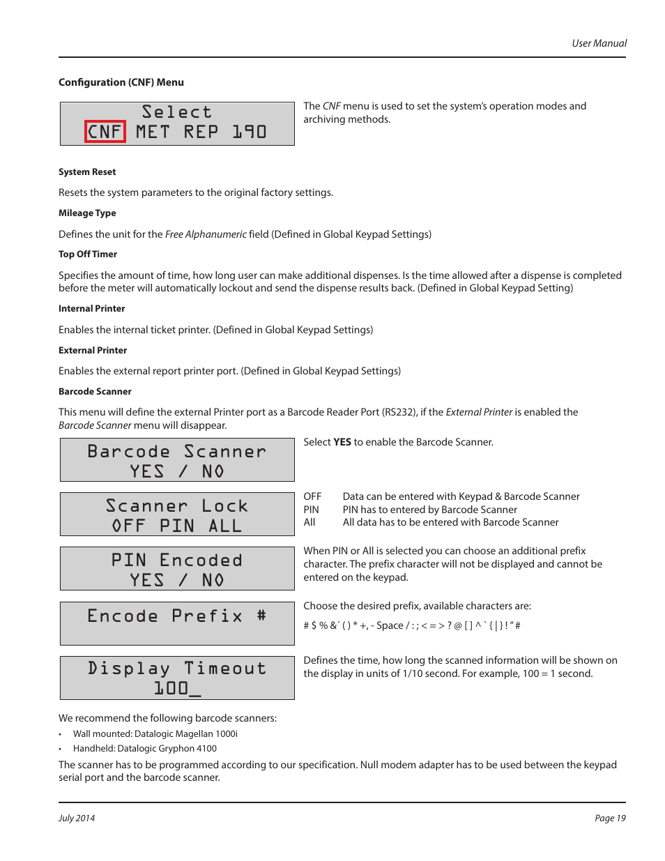 Configuration (cnf) menu, Select cnf met rep 190, Barcode scanner yes / no | Scanner lock off pin all, Pin encoded yes / no, Encode prefix, Display timeout 100 | Badger Meter Fluid Management System User Manual | Page 19 / 60