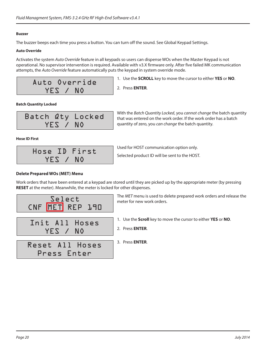 Delete prepared wos (met) menu, Select cnf met rep 190, Reset all hoses press enter | Badger Meter Fluid Management System User Manual | Page 20 / 60