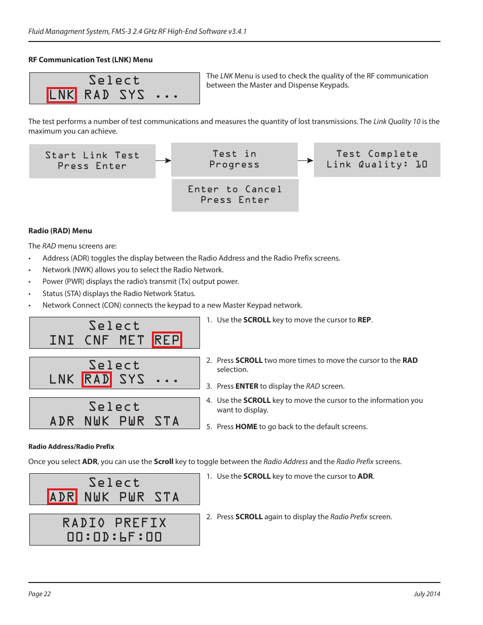 Rf communication test (lnk) menu, Radio (rad) menu, Rf communication test (lnk) menu radio (rad) menu | Select lnk rad sys, Select ini cnf met rep, Select adr nwk pwr sta | Badger Meter Fluid Management System User Manual | Page 22 / 60