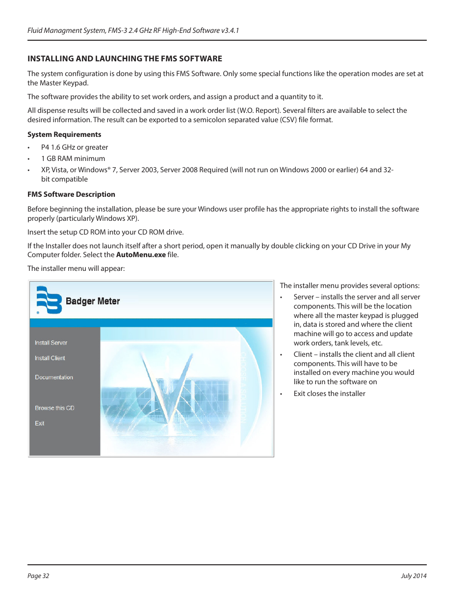 Installing and launching the fms software, System requirements, Fms software description | System requirements fms software description | Badger Meter Fluid Management System User Manual | Page 32 / 60