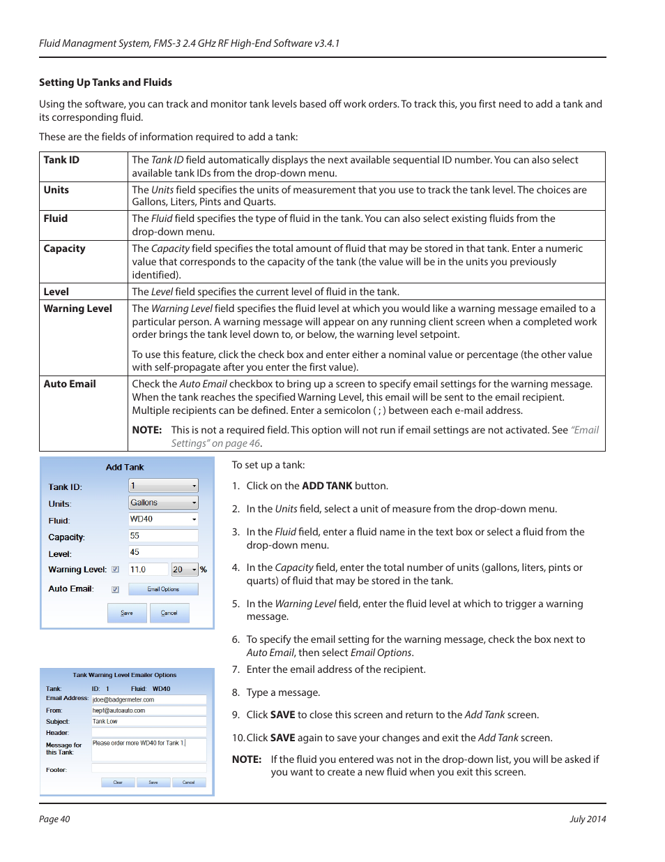 Setting up tanks and fluids | Badger Meter Fluid Management System User Manual | Page 40 / 60