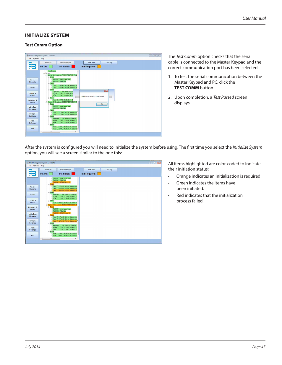 Initialize system, Test comm option | Badger Meter Fluid Management System User Manual | Page 47 / 60