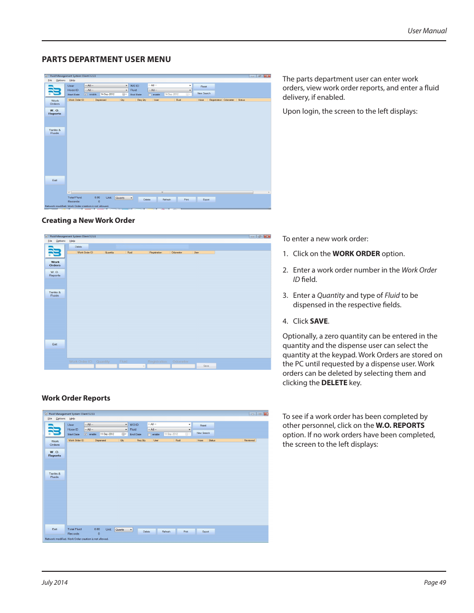 Parts department user menu, Creating a new work order, Work order reports | Creating a new work order work order reports | Badger Meter Fluid Management System User Manual | Page 49 / 60