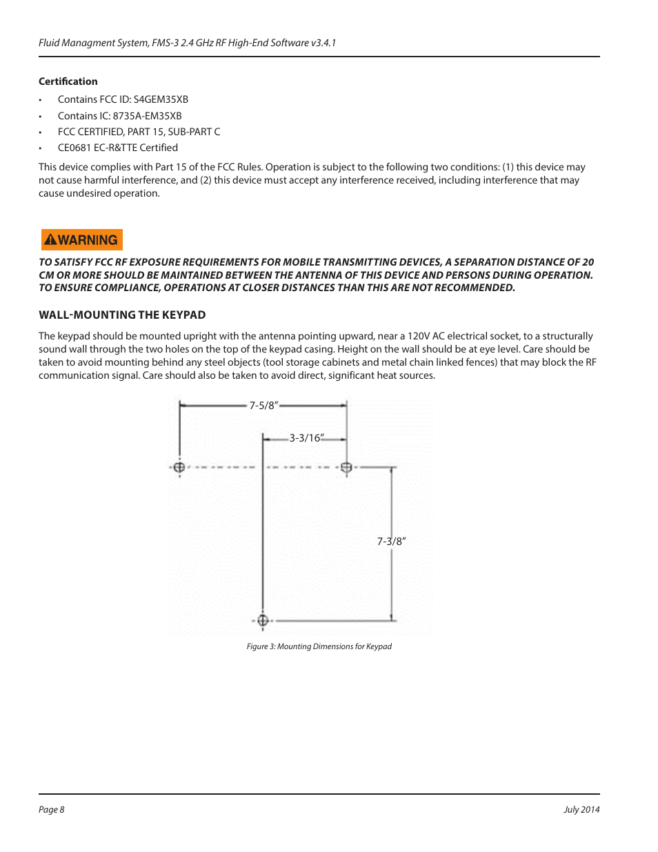Certification, Wall-mounting the keypad | Badger Meter Fluid Management System User Manual | Page 8 / 60