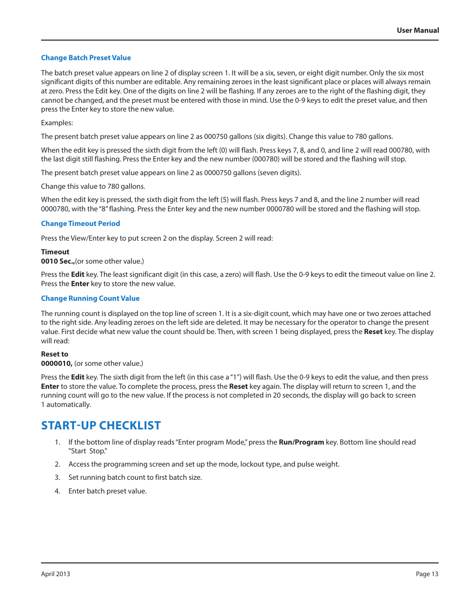 Start-up checklist | Badger Meter Water Conditioning User Manual | Page 13 / 16