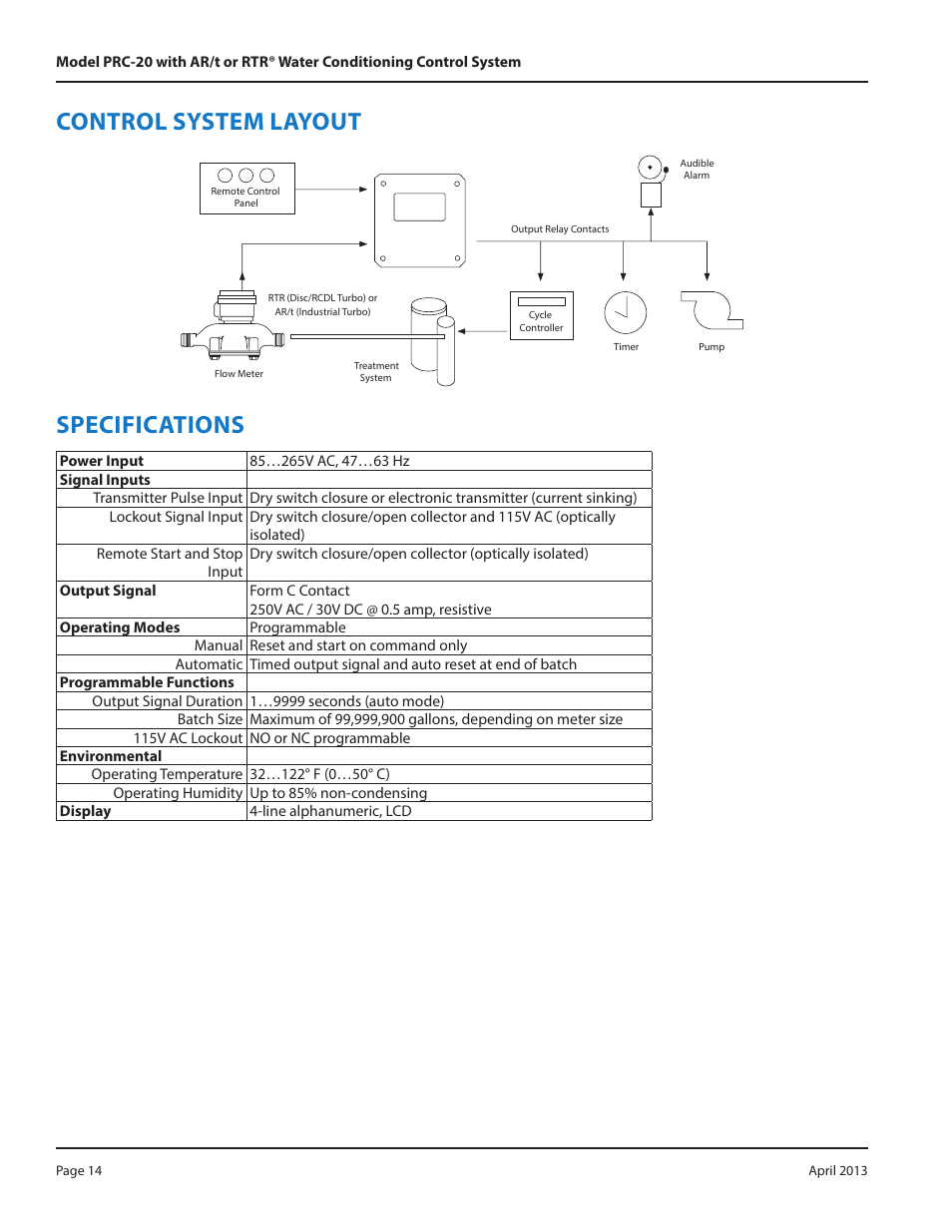 Control system layout, Specifications | Badger Meter Water Conditioning User Manual | Page 14 / 16