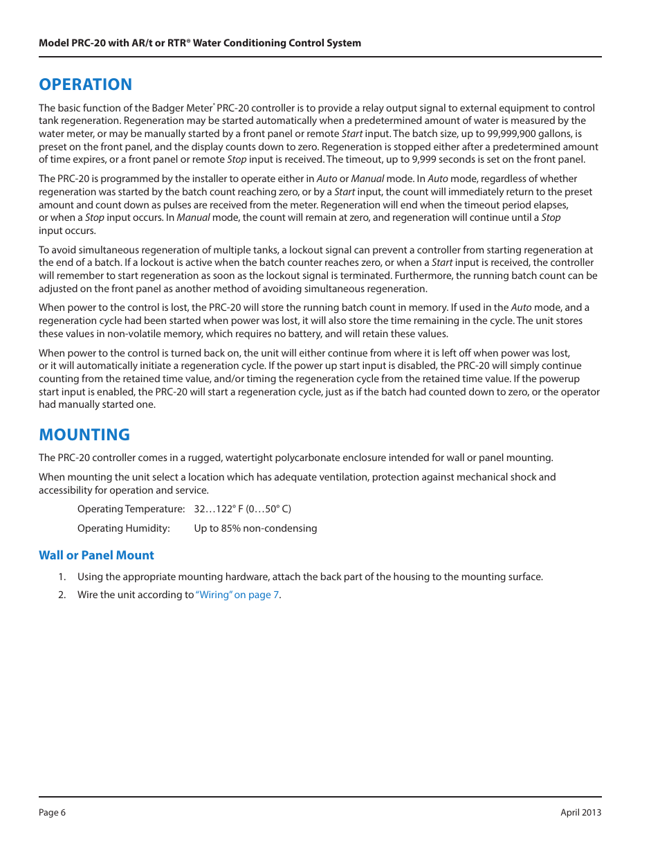 Operation, Mounting, Wall or panel mount | Badger Meter Water Conditioning User Manual | Page 6 / 16