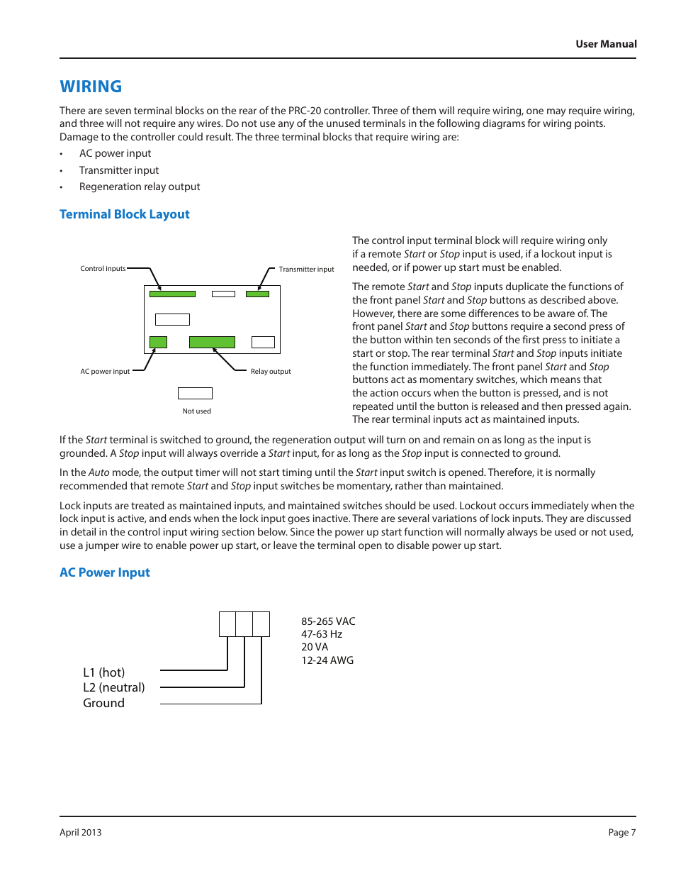 Wiring, Terminal block layout, Ac power input | L1 (hot) l2 (neutral) ground | Badger Meter Water Conditioning User Manual | Page 7 / 16