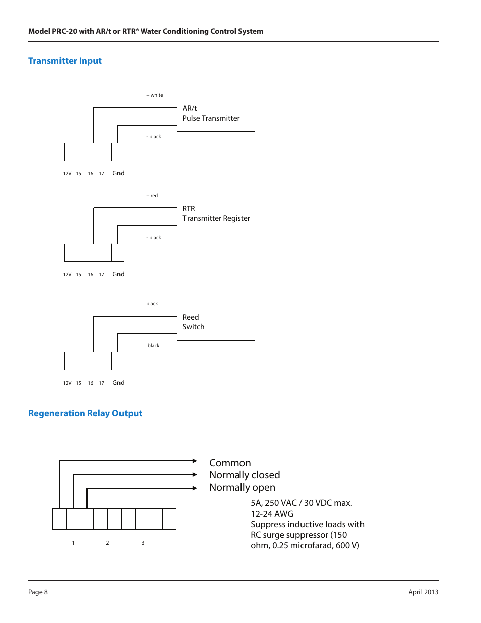 Transmitter input, Regeneration relay output, Common normally closed normally open | Badger Meter Water Conditioning User Manual | Page 8 / 16