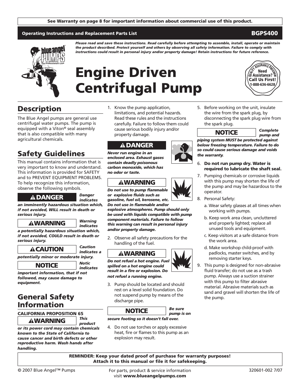 Blue Angel Pumps BGPS400 User Manual | 8 pages