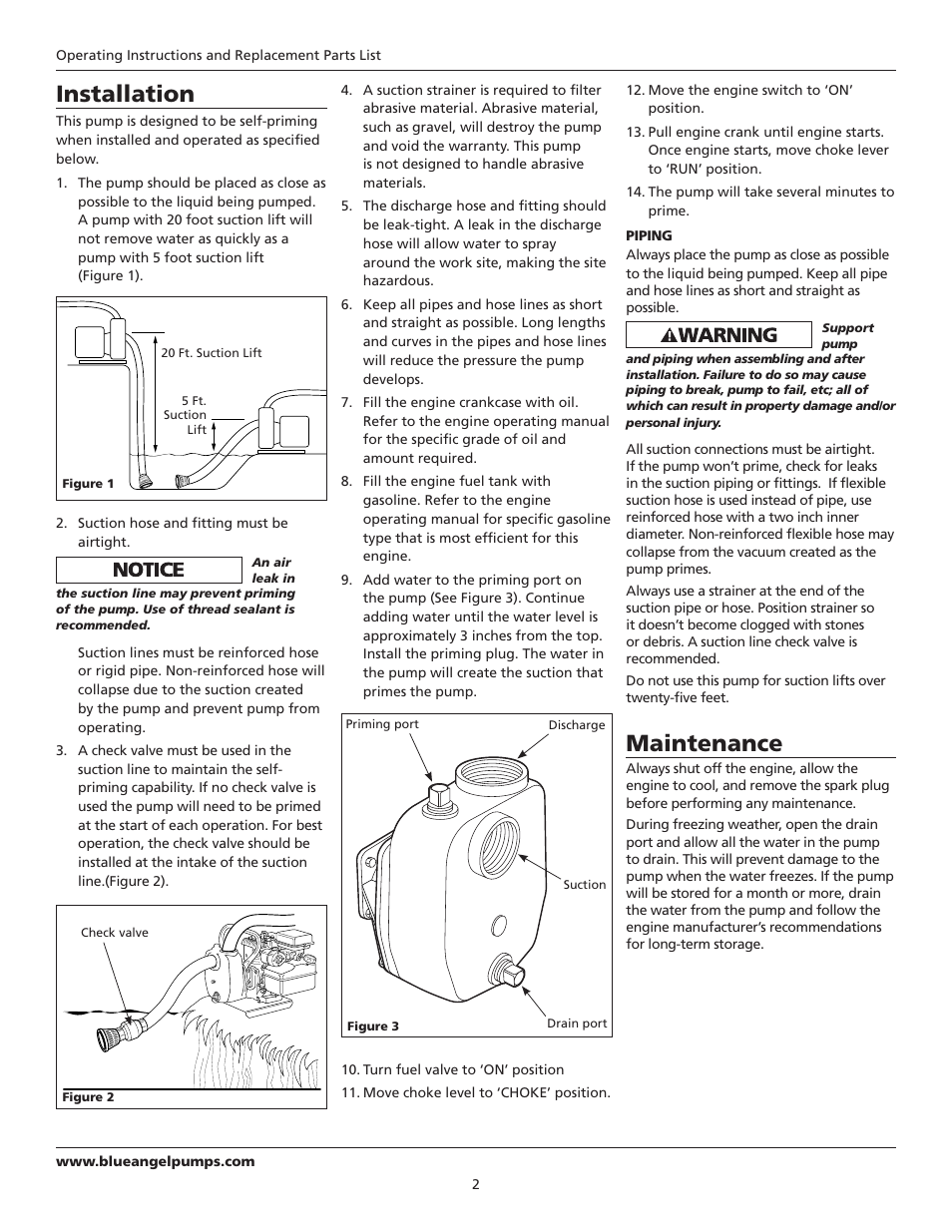 Installation, Maintenance | Blue Angel Pumps BGPS400 User Manual | Page 2 / 8