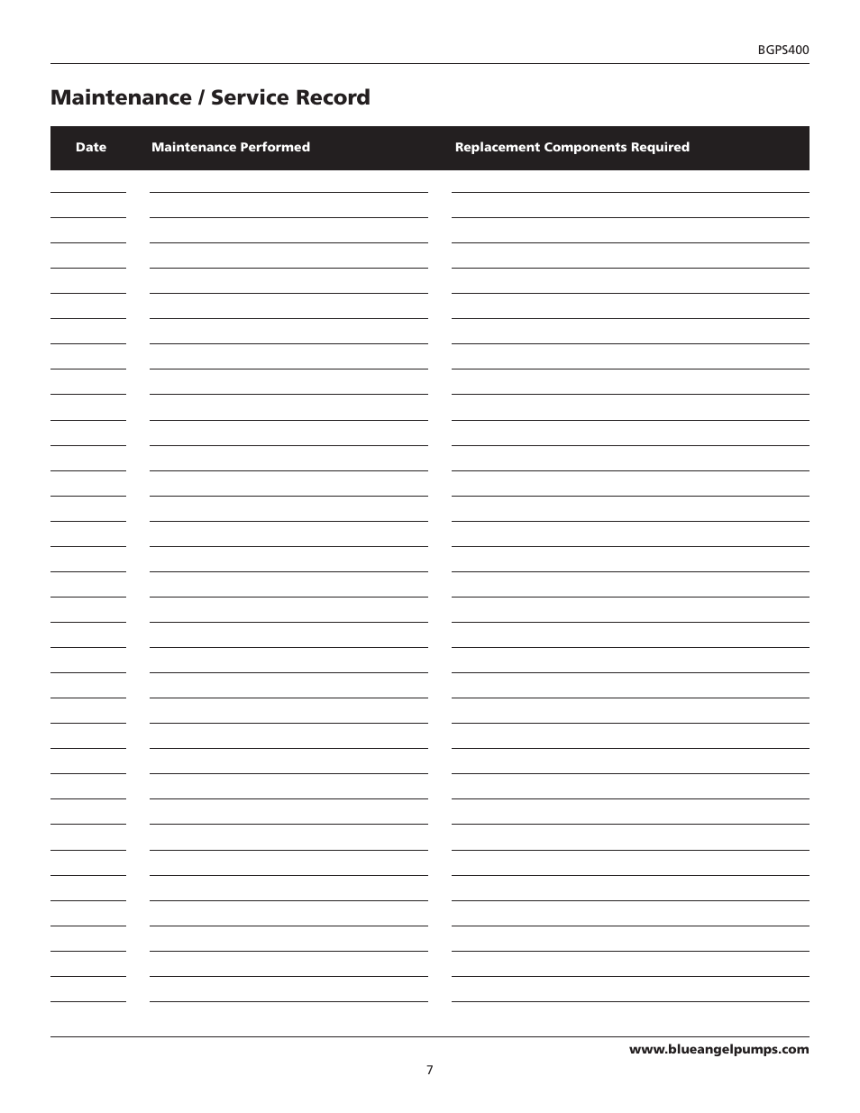 Maintenance / service record | Blue Angel Pumps BGPS400 User Manual | Page 7 / 8