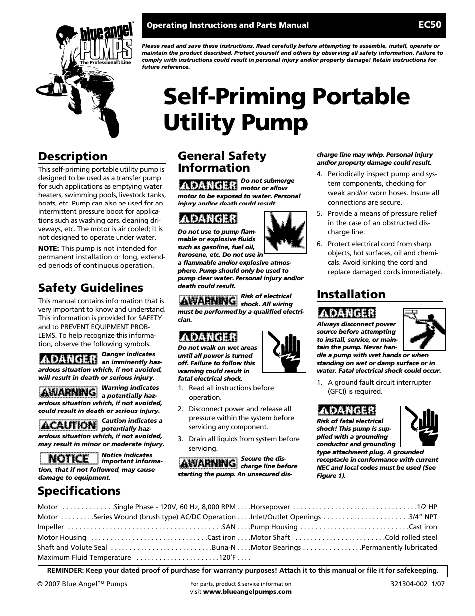 Blue Angel Pumps EC50 User Manual | 12 pages