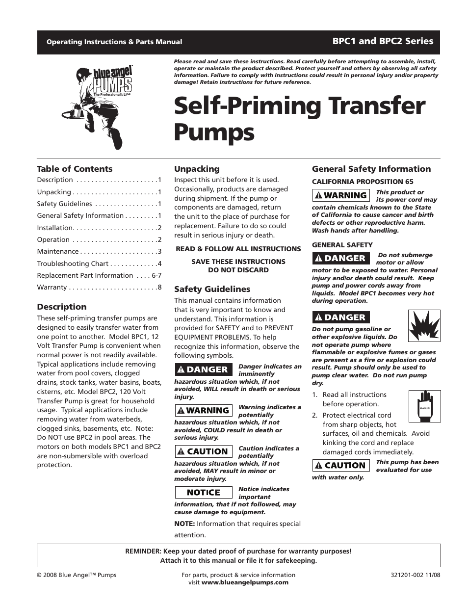 Blue Angel Pumps BPC2 User Manual | 8 pages