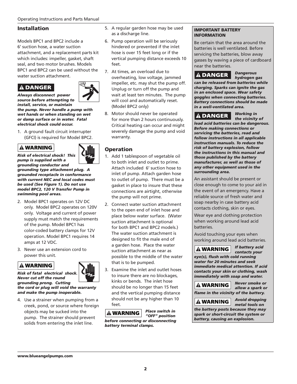 Operation, Installation | Blue Angel Pumps BPC2 User Manual | Page 2 / 8