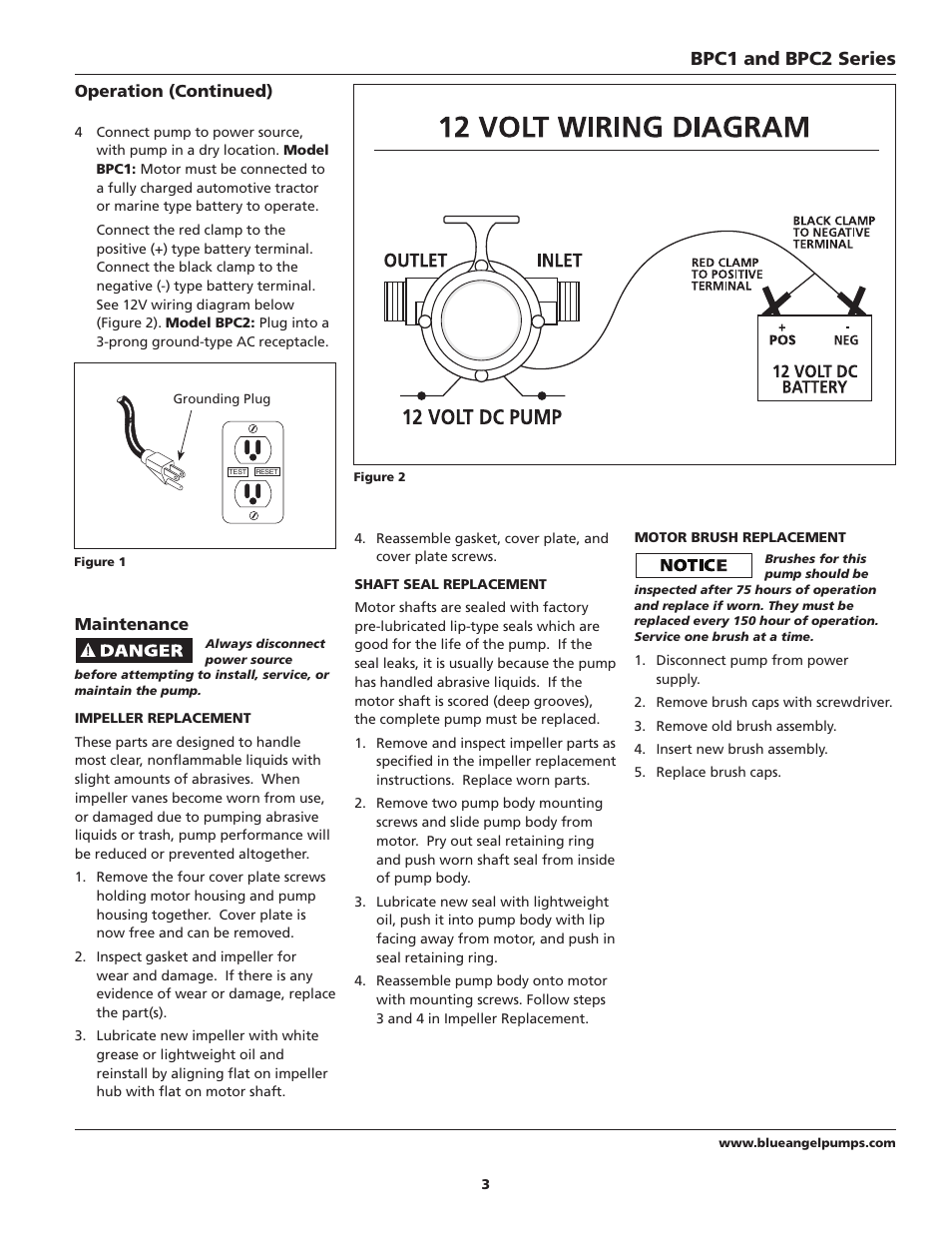 Bpc1 and bpc2 series, Maintenance, Operation (continued) | Blue Angel Pumps BPC2 User Manual | Page 3 / 8