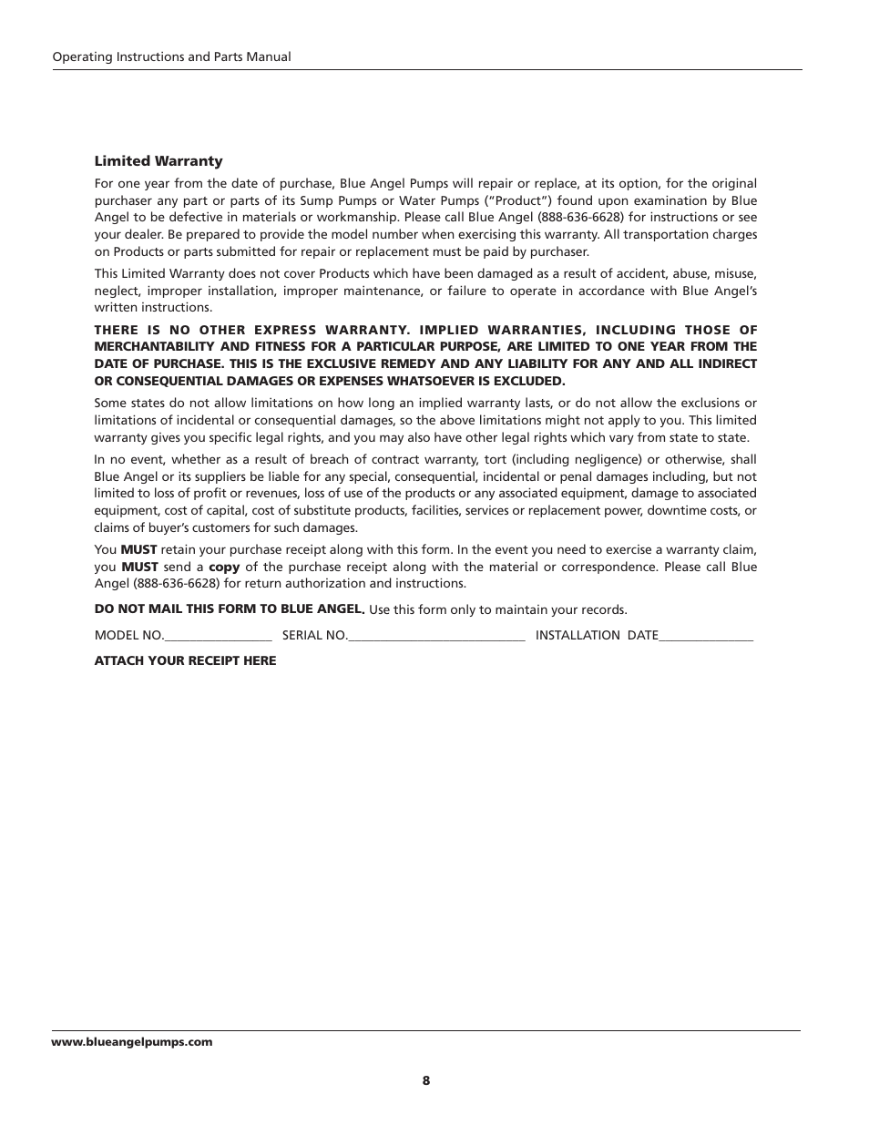 Blue Angel Pumps BPC2 User Manual | Page 8 / 8