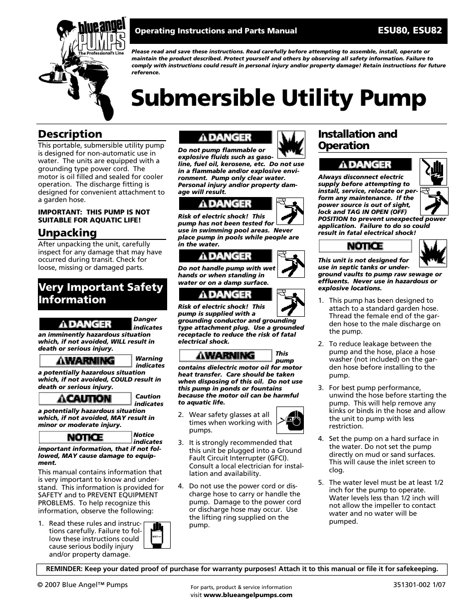 Blue Angel Pumps ESU82 User Manual | 4 pages