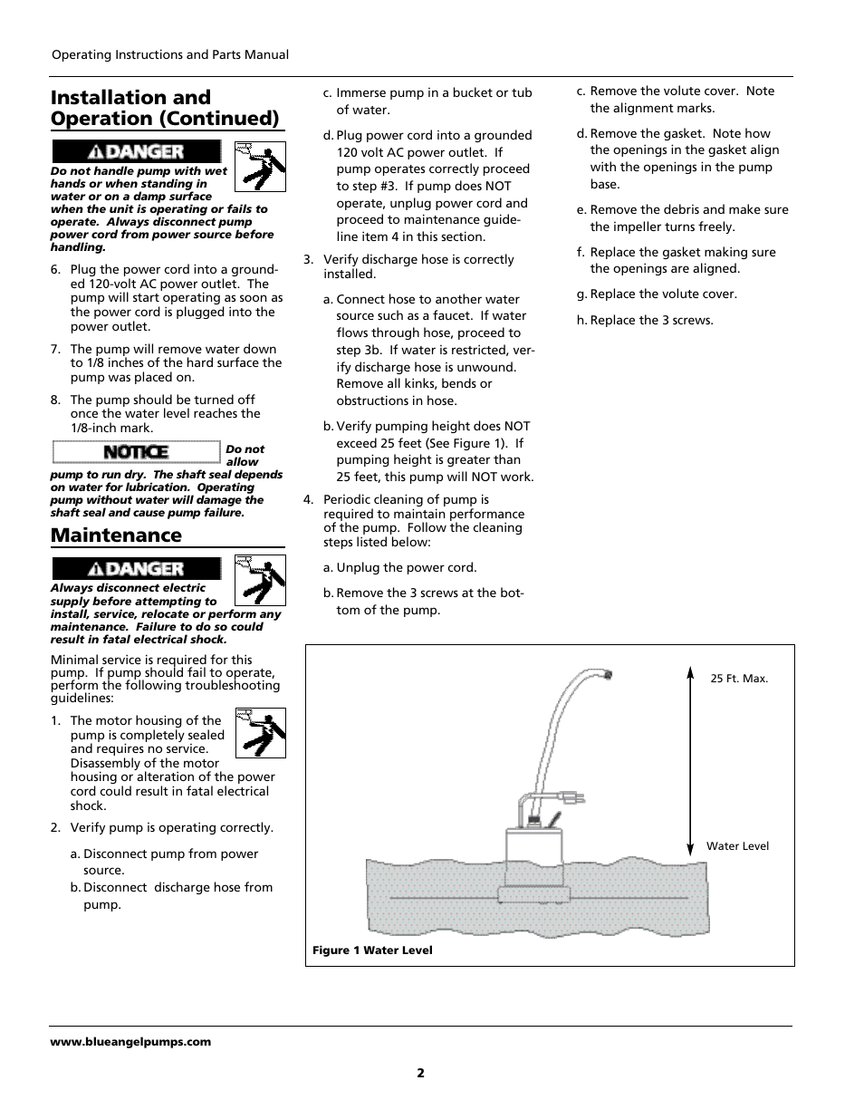 Installation and operation (continued), Maintenance | Blue Angel Pumps ESU82 User Manual | Page 2 / 4