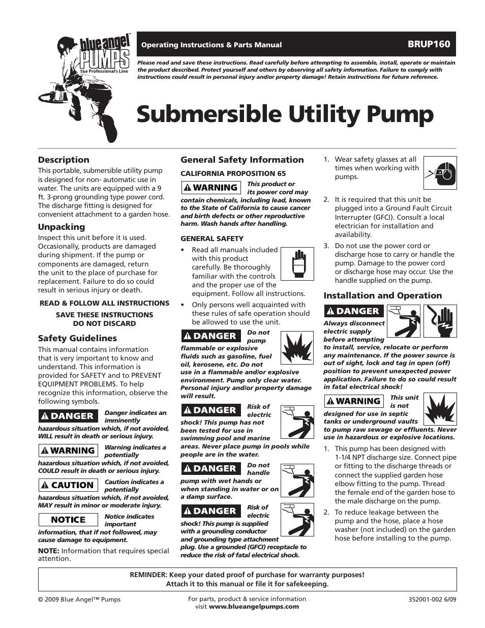 Blue Angel Pumps BRUP160 User Manual | 4 pages