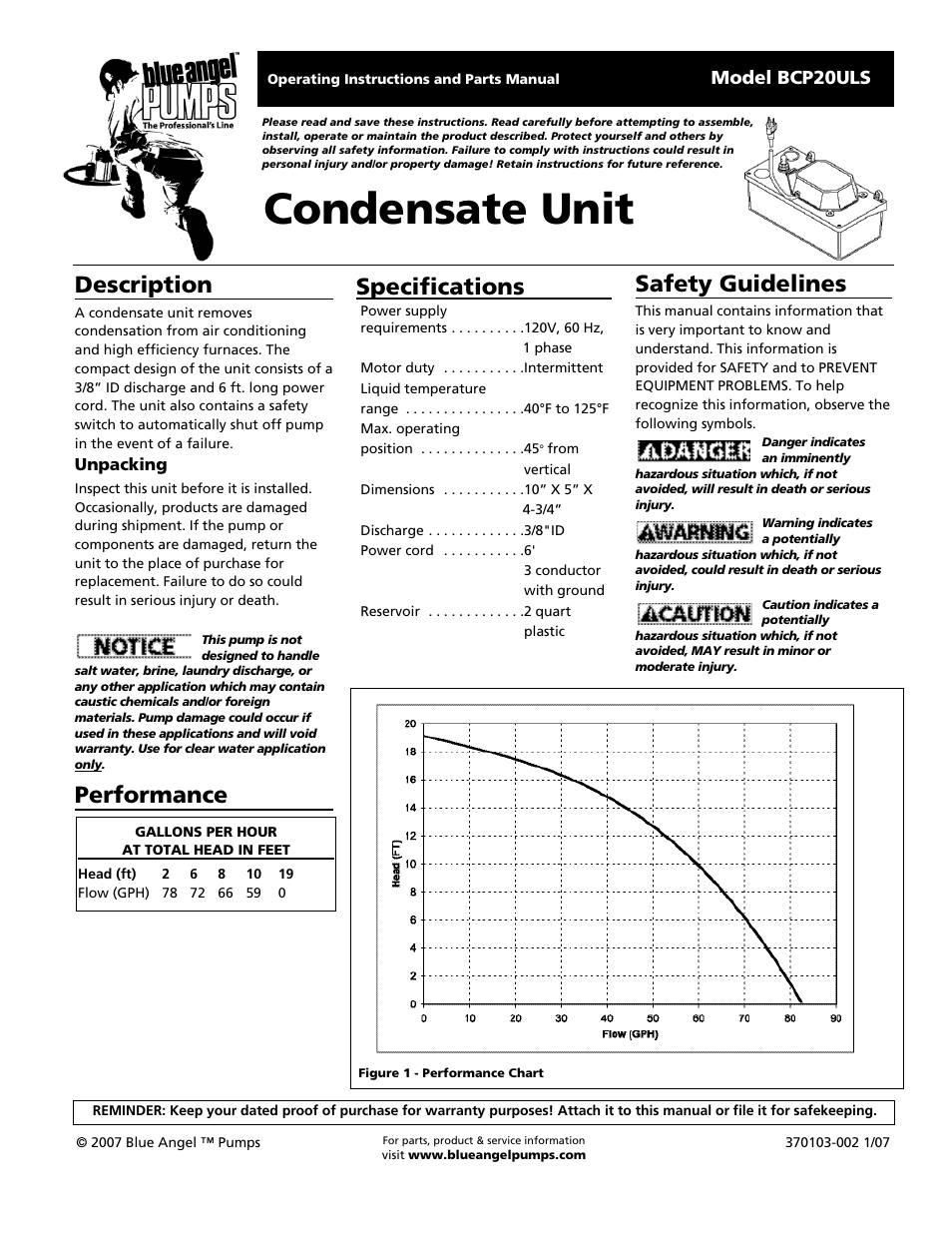 Blue Angel Pumps BCP20ULS User Manual | 8 pages