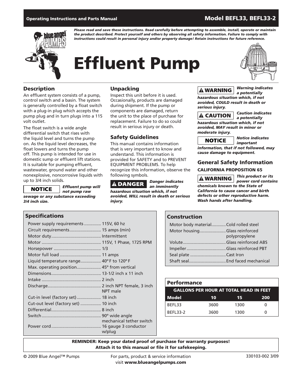 Blue Angel Pumps BEFL33-2 User Manual | 20 pages