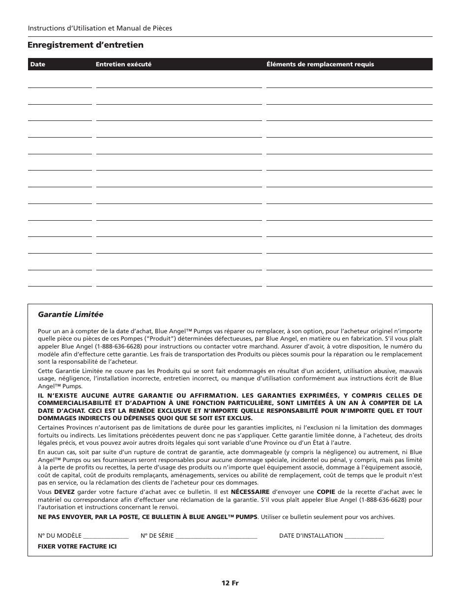 Enregistrement d’entretien | Blue Angel Pumps BEFL33-2 User Manual | Page 12 / 20