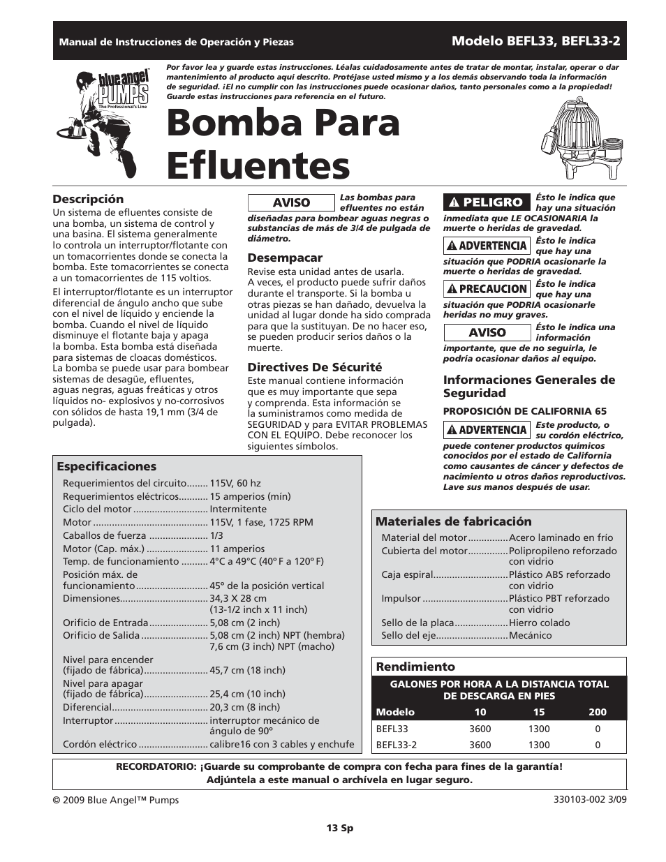 Bomba para efluentes | Blue Angel Pumps BEFL33-2 User Manual | Page 13 / 20