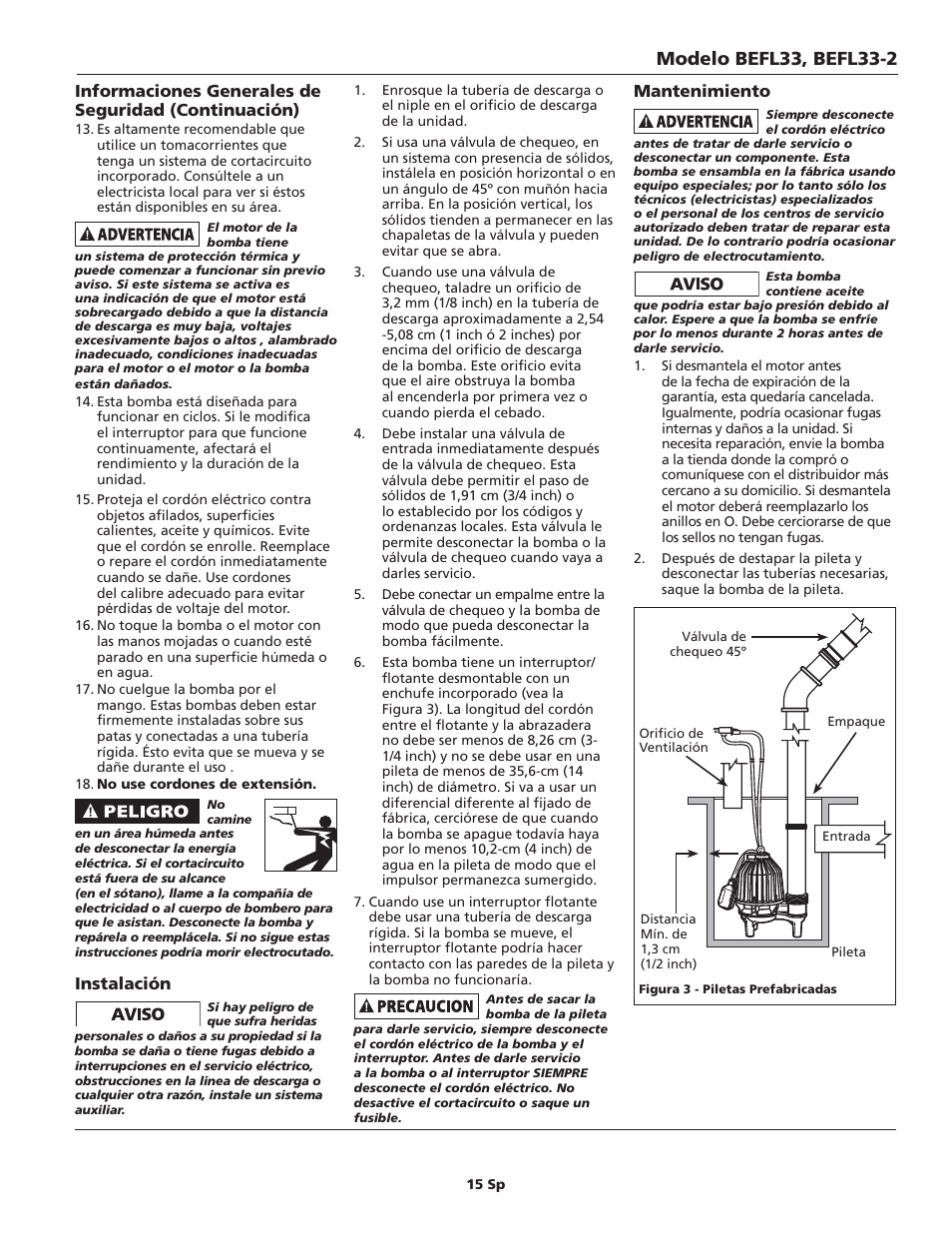 Instalación, M antenimiento | Blue Angel Pumps BEFL33-2 User Manual | Page 15 / 20