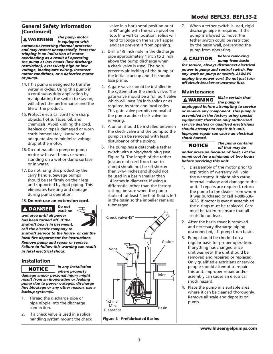 General safety information (continued), Installation, Maintenance | Blue Angel Pumps BEFL33-2 User Manual | Page 3 / 20