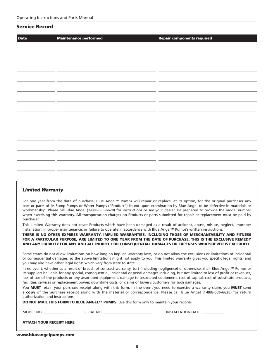 Service record | Blue Angel Pumps BEFL33-2 User Manual | Page 6 / 20