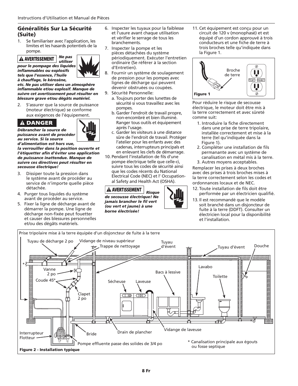 Généralités sur la sécurité (suite) | Blue Angel Pumps BEFL33-2 User Manual | Page 8 / 20