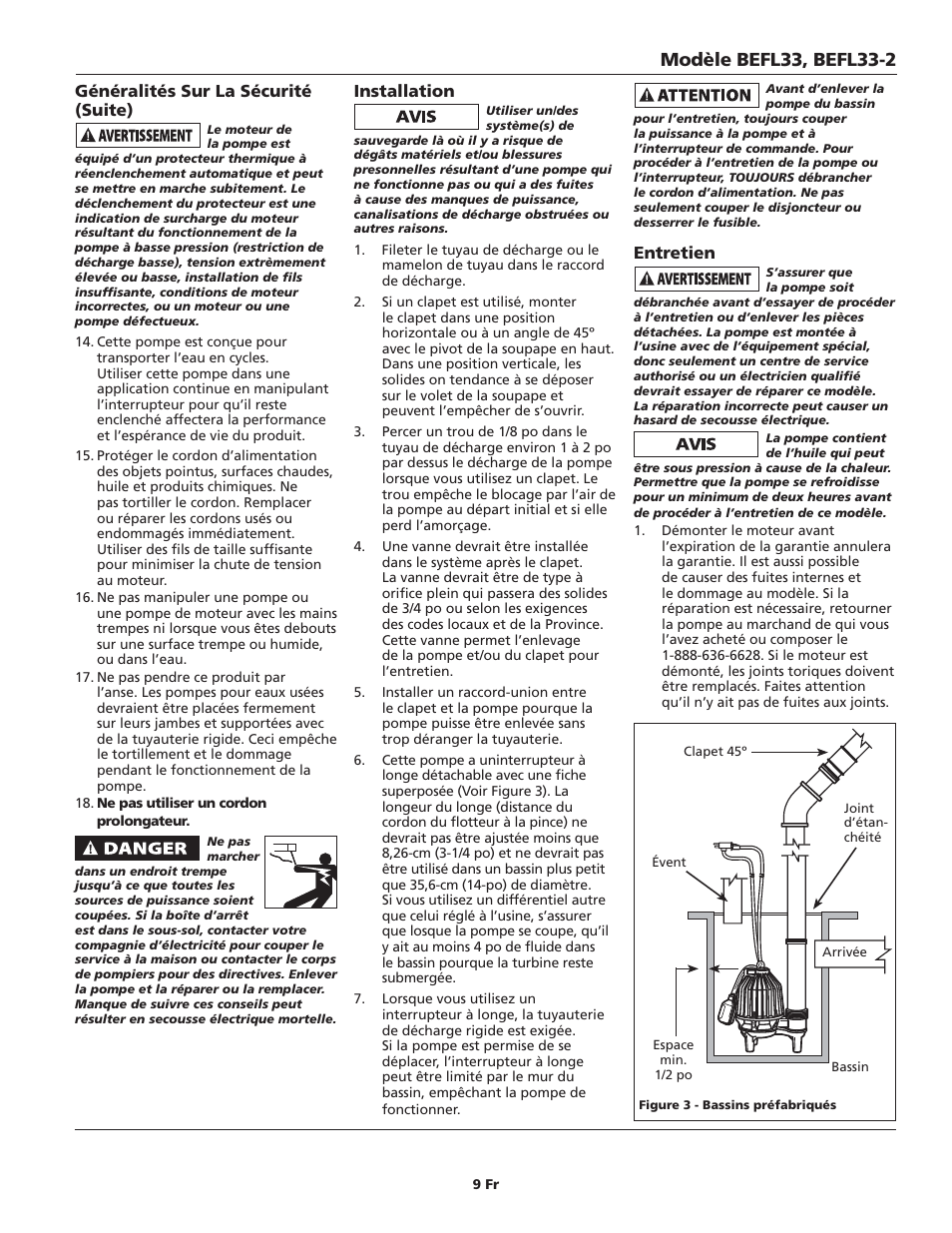 Généralités sur la sécurité (suite), Installation, Entretien | Blue Angel Pumps BEFL33-2 User Manual | Page 9 / 20