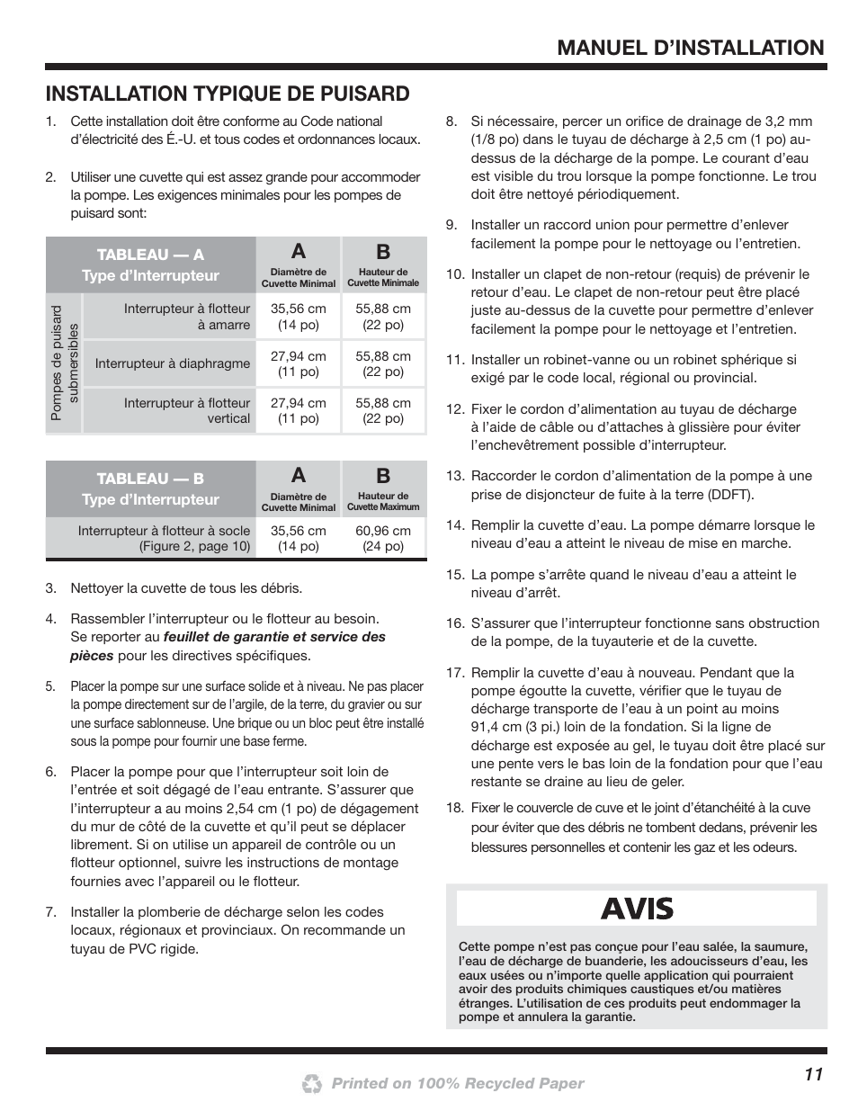 Manuel d’installation, Installation typique de puisard | Blue Angel Pumps SSBCS100 User Manual | Page 11 / 24