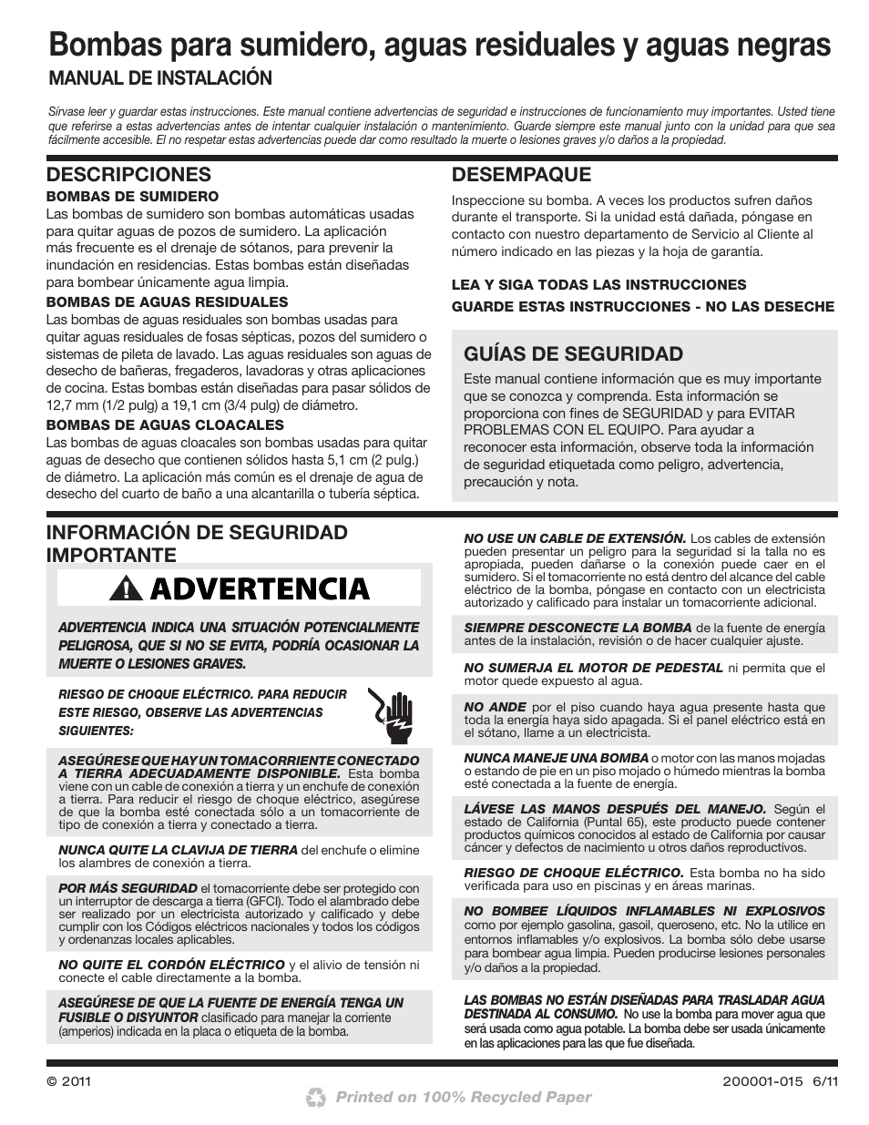 Guías de seguridad, Descripciones, Desempaque | Blue Angel Pumps SSBCS100 User Manual | Page 17 / 24