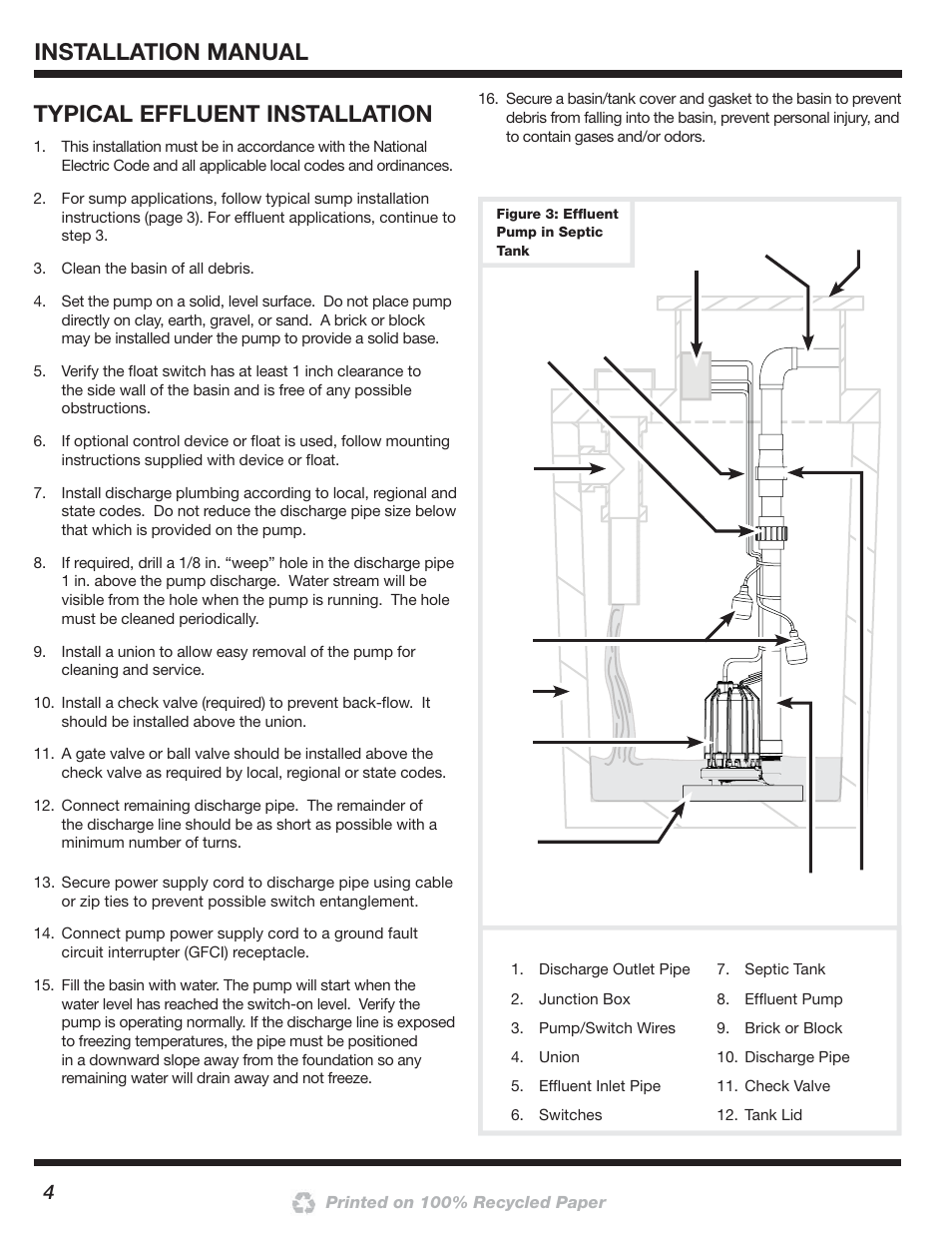 Installation manual, Typical effluent installation | Blue Angel Pumps SSBCS100 User Manual | Page 4 / 24