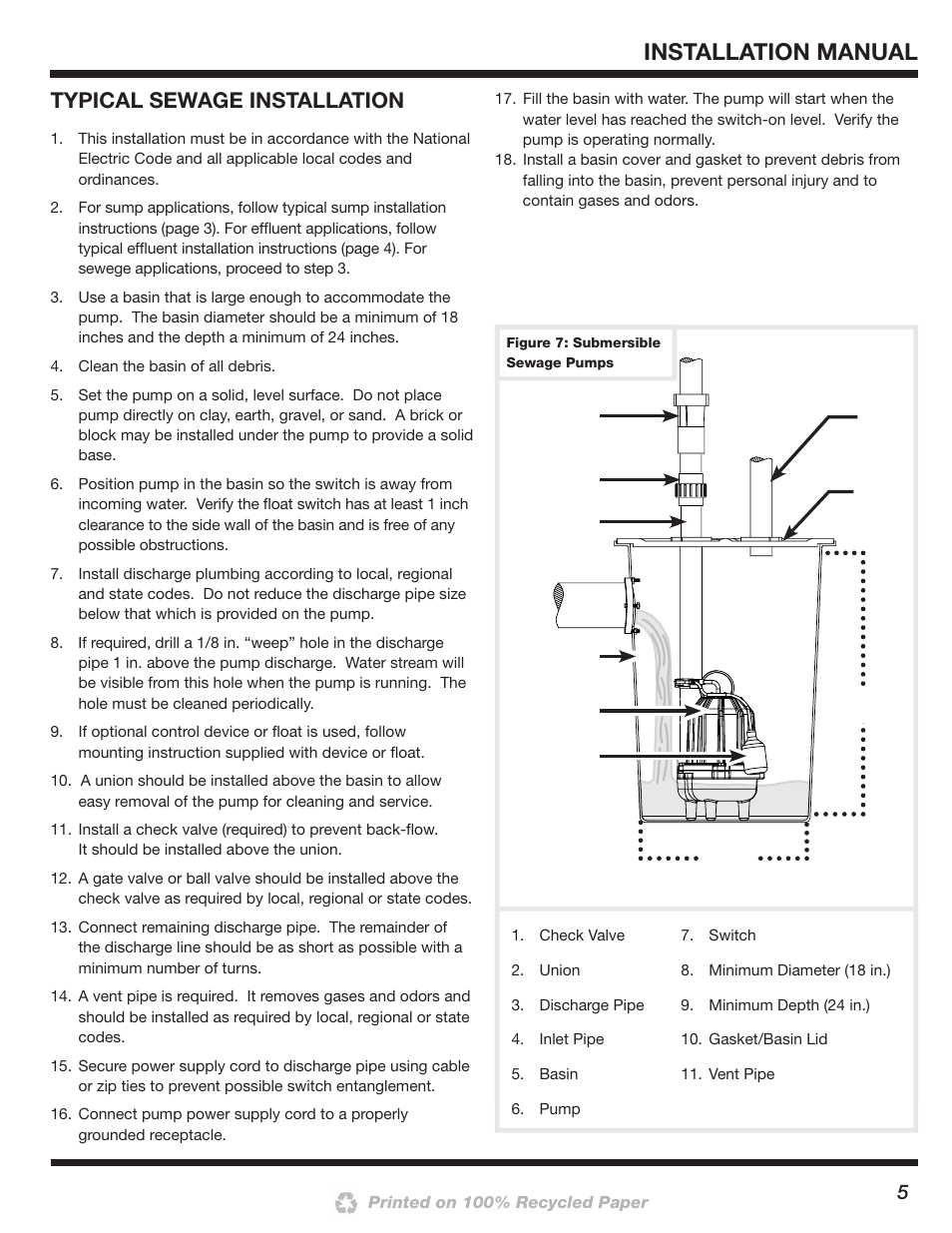 Installation manual, Typical sewage installation | Blue Angel Pumps SSBCS100 User Manual | Page 5 / 24