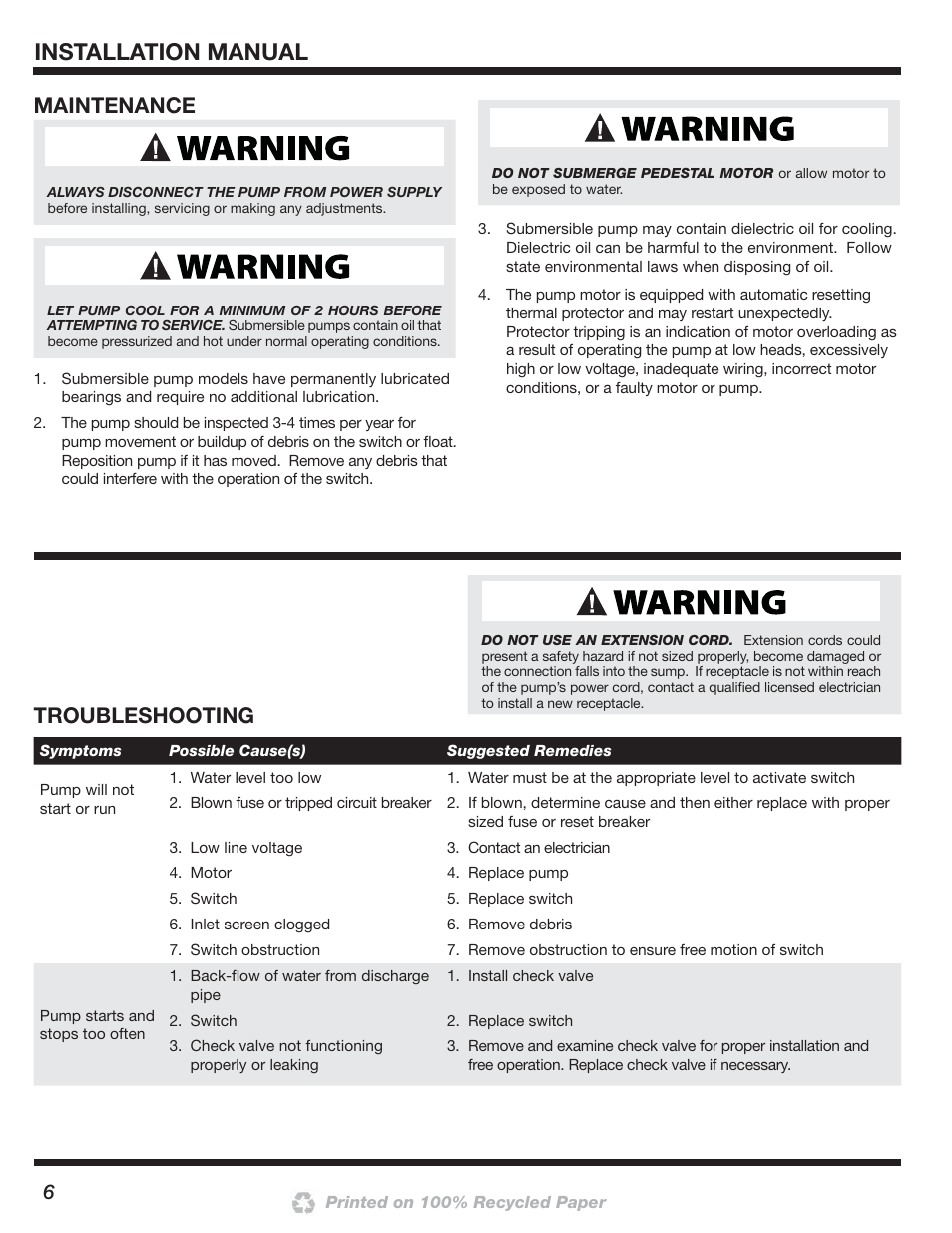 Installation manual, Maintenance, Troubleshooting | Blue Angel Pumps SSBCS100 User Manual | Page 6 / 24